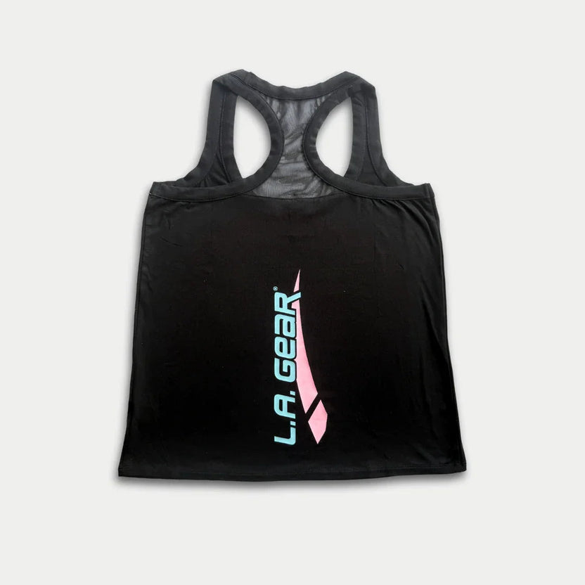 LA GEAR Women’s Racerback Tank | Black With Aqua X Pink Logo