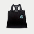 LA GEAR Women’s Racerback Tank | Black With Aqua X Pink Logo